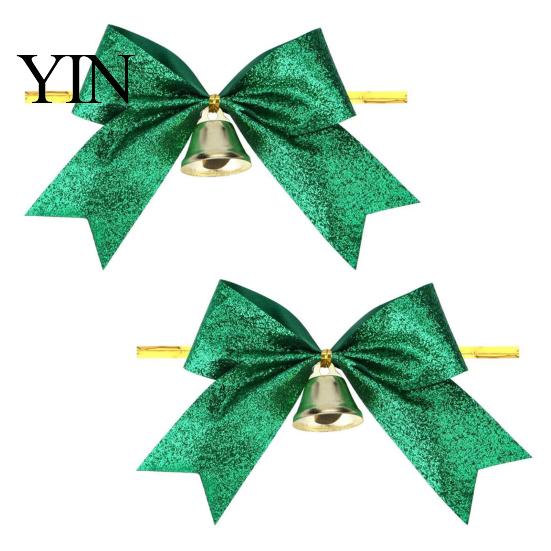 Decorative Bows with Bells 2 Pcs Christmas Bell, 4 Inch Glitter Ribbon Bows, Pre Tied Hanging Holiday Ornaments Xmas for Gift Wrapping, Wreath, Tree,