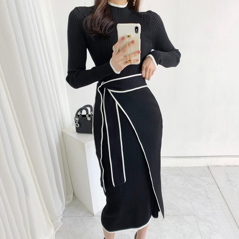 Harajuku Elegant Lace Up Turtleneck Knitted Long Dress Korean Fashion Khaki Black Rib Bandage Bodycon Sweater Dress Robe Femme