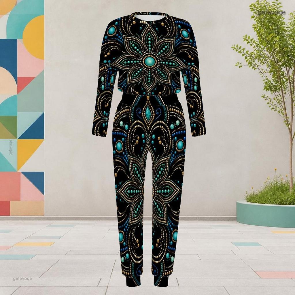 Women Plus Size Black Printed Two Piece Set Round Neck Long Sleeve Cuffed Top Cuffed Pants With Pockets