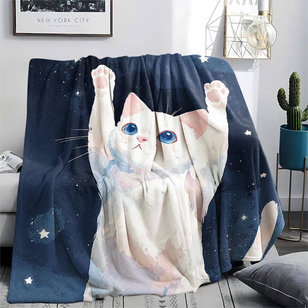 White Cat Print Flannel Blanket, High quality Comfortable for All Seasons, Home Decor, Warmth and Comfort, Perfect for Christmas Gifts