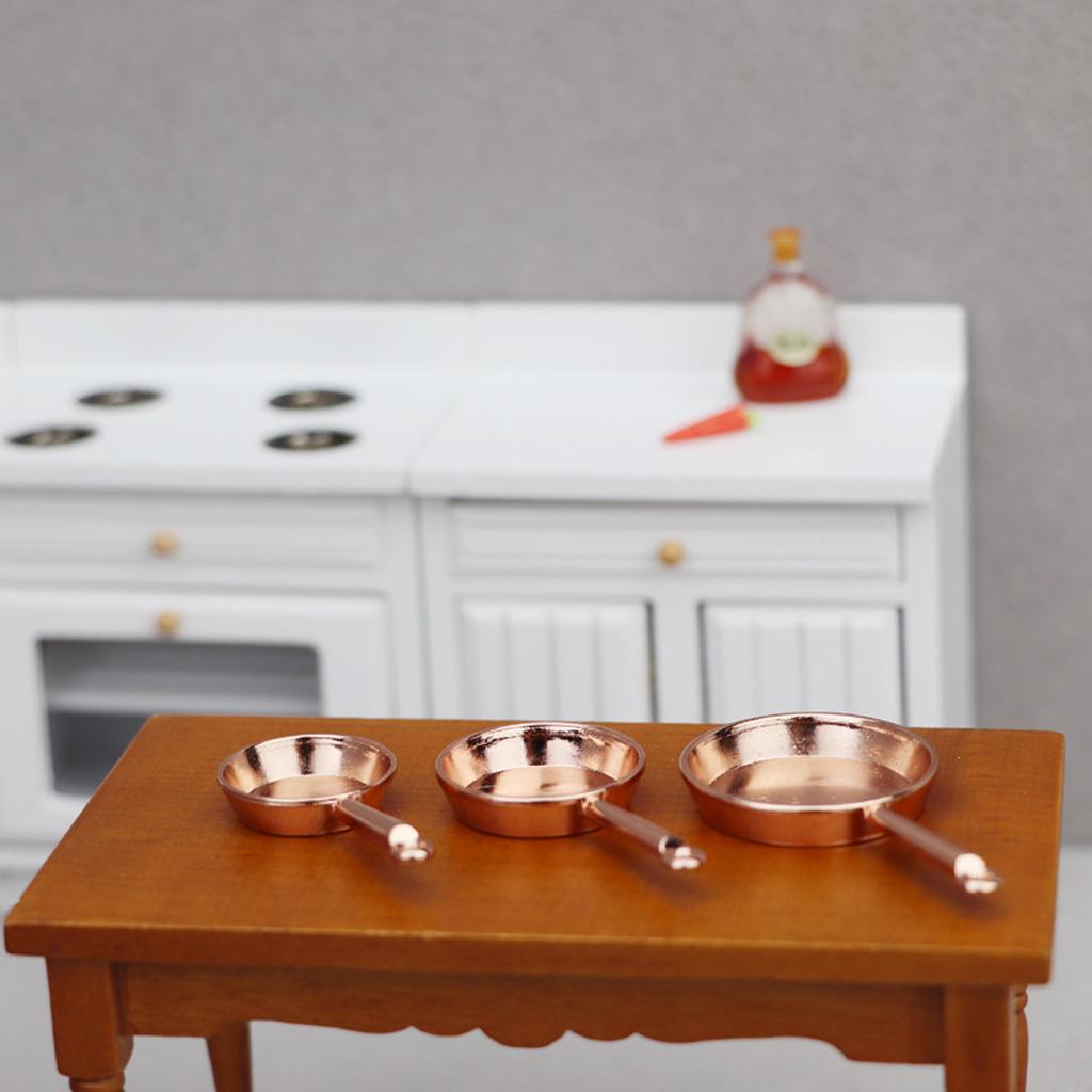 Set Of 3 Miniature Frying Pans For 1/12 Scale Dollhouse Kitchen Display Accessory Craft Project Model Decoration