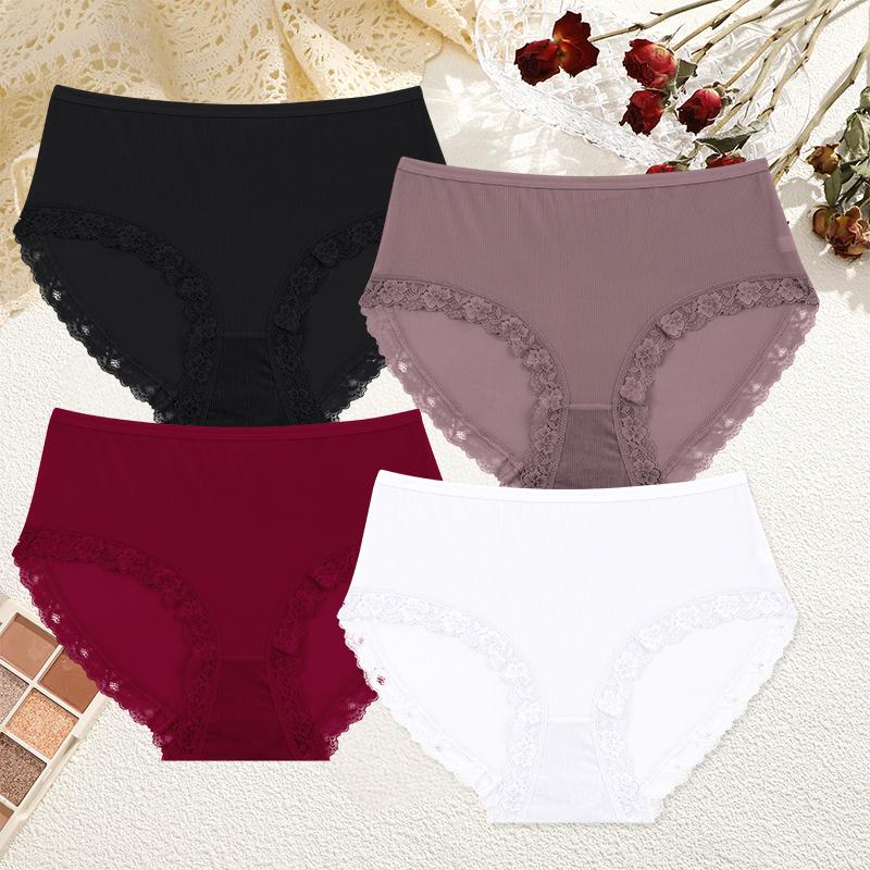 

4Pcs/Set Women s Sexy Panties Lace Plus Size Underwear Mom s Panties Striped Briefs Girls Solid Sports Comfortable Lingerie XXL