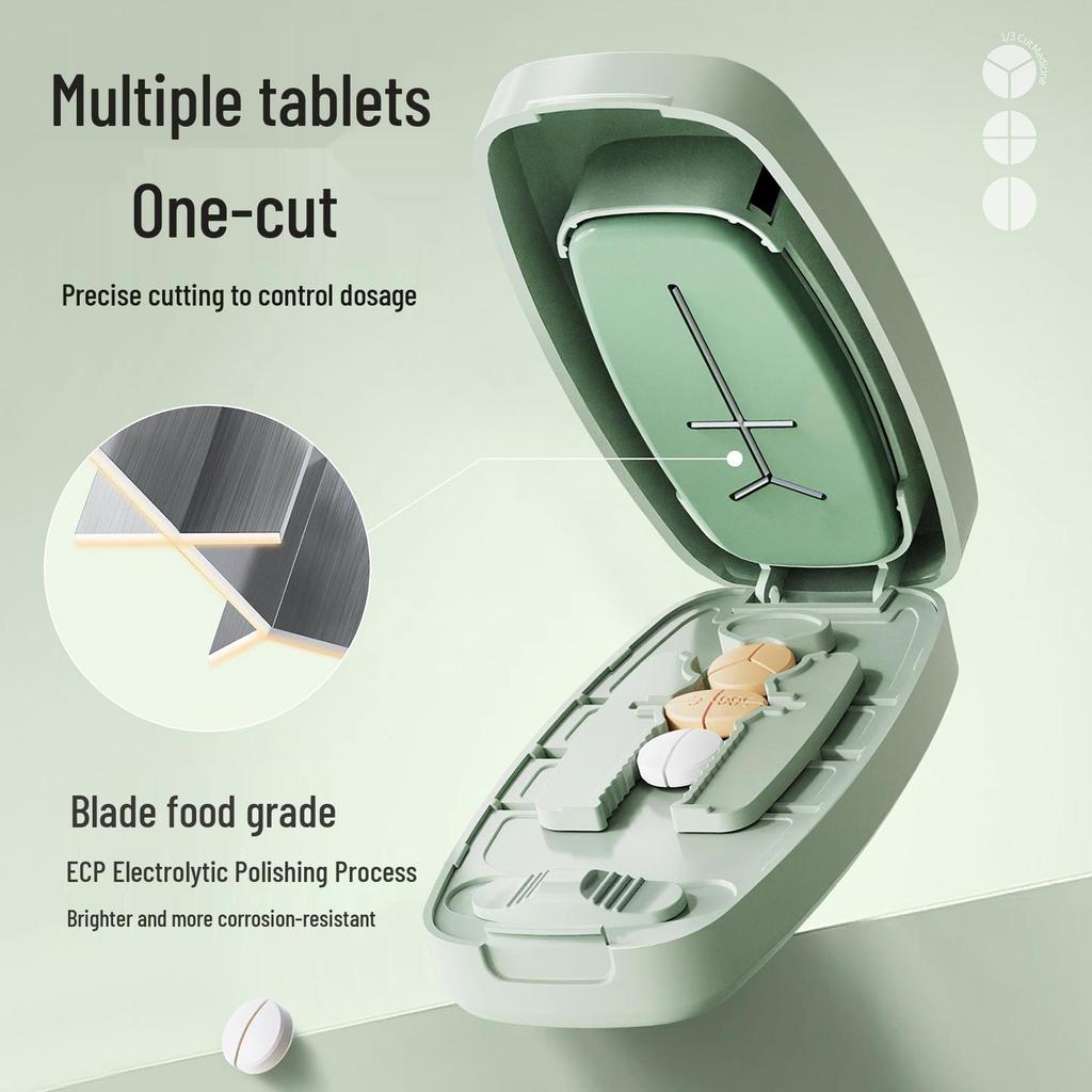 Multi-functional Pill Cutter & Divider with Storage – Portable 2, 3, & 4-Way Pill Dispenser Box Gadget
