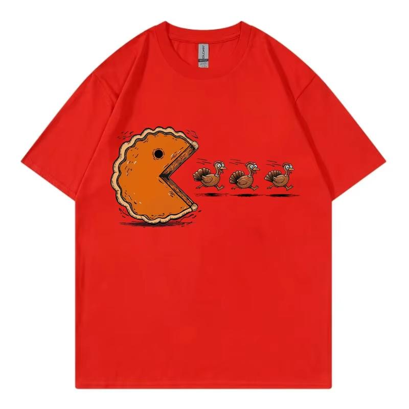 Funny Pumpkin Pie Chasing Turkey Print T Shirt Men Women High Quality Fashion Short Sleeve T-shirt Casual Cotton T-shirts