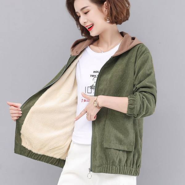 Plus Velvet Padded Corduroy Jacket Women's Spring, Autumn and Winter New Korean Version of Loose Middle-aged Short Coat