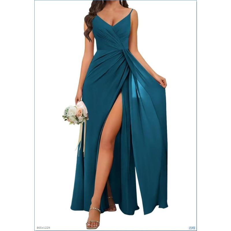 Women s Simple Chiffon Bridesmaid Dress with Wrap Dress Long Formal Ball Evening Dress with Split Ends US 2 павлин голубой
