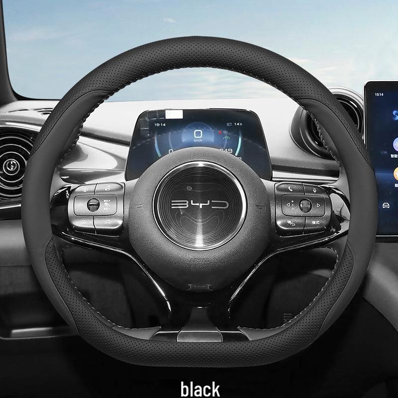 BYD Seagull/Dolphin Steering Wheel Cover: Ultra-Thin Genuine Leather, No-Sew Design for Car Interior, Women's Style.