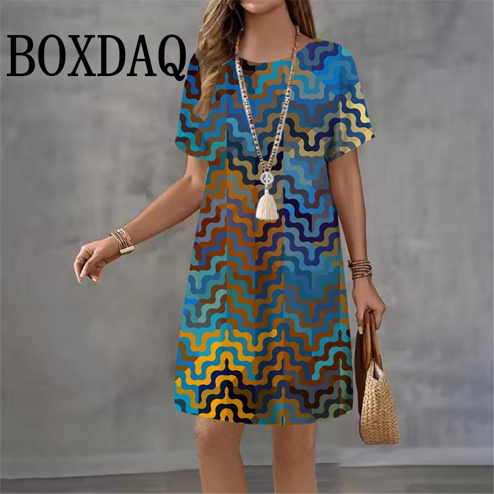 2026 Women Dresses Summer Dot 3D Printed Loose Clothing O-Neck Short Sleeved Clothing Fashionable Tie Dye Geometry Casual Dress