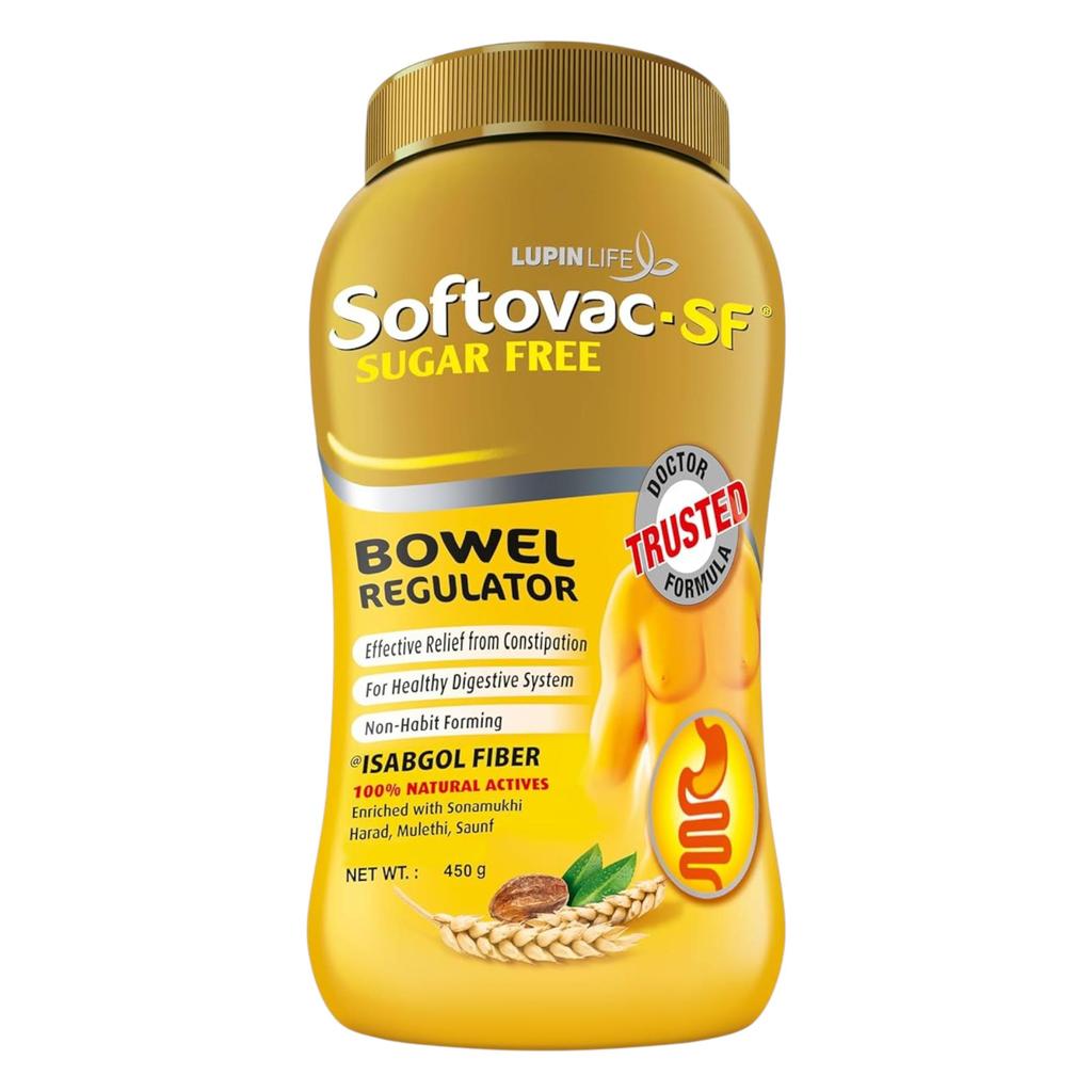 Softovac SF Isabgol Bowel Regulator Powder 450 G Sugar Free Gentle Digestive Support Relieves Constipation Bloating Promotes Healthy Gut for Adults