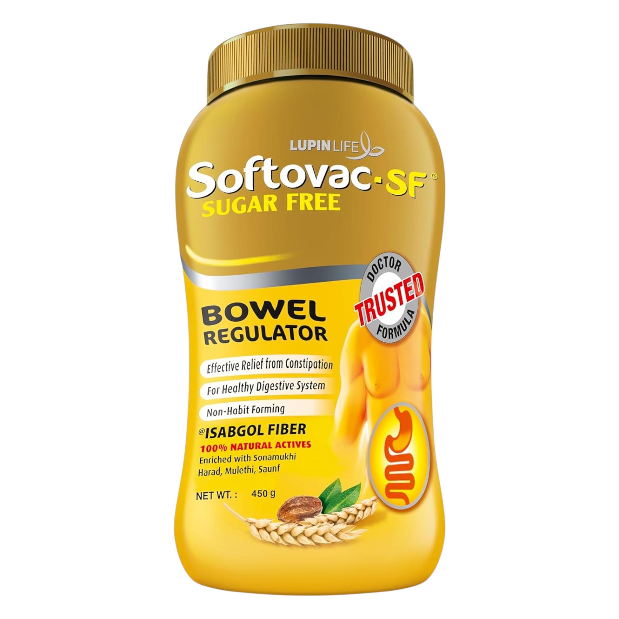 

Softovac SF Isabgol Bowel Regulator Powder 450 g Sugar Free Gentle Digestive Support Relieves Constipation Bloating Promotes Healthy Gut for Adults