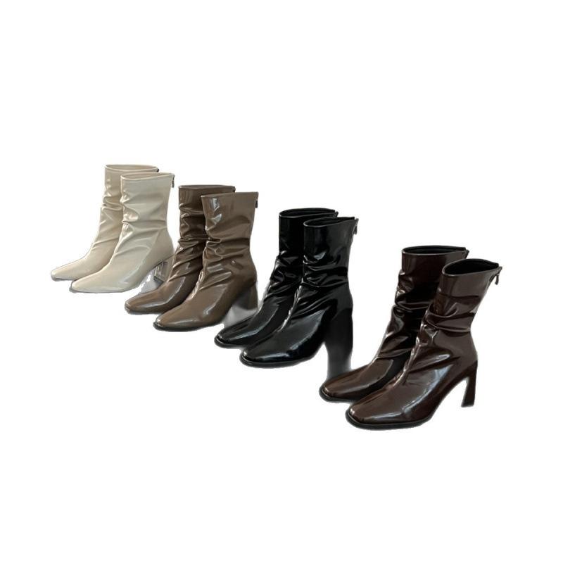 French Temperament High-heeled Thin Short Boots Women's Shoes 2025 New Autumn and Winter Pleated Square Head Short Boots Children