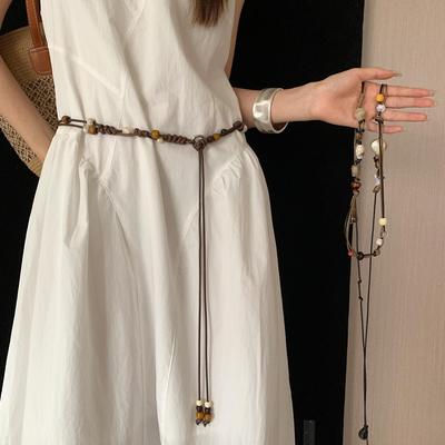 Women's Bohemian Ethnic Retro Woven Belt with Beaded Waist Chain Accessory for Dresses