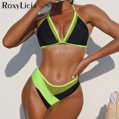 Sexy Mesh Spleißen Halter Mid Taille Bikini Frauen Bademode Weiblichen Badeanzug Zwei-stück Bikini set Badende Badeanzug Schwimmen