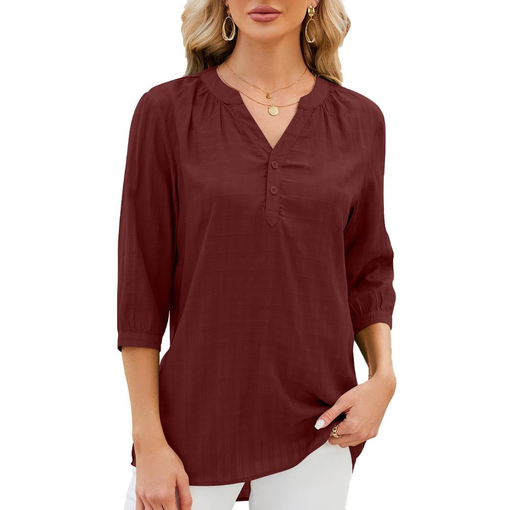 IHUASU Frühling/Sommer Einfarbig V-Ausschnitt Knopf Lockeres Set Chiffonbluse Frau