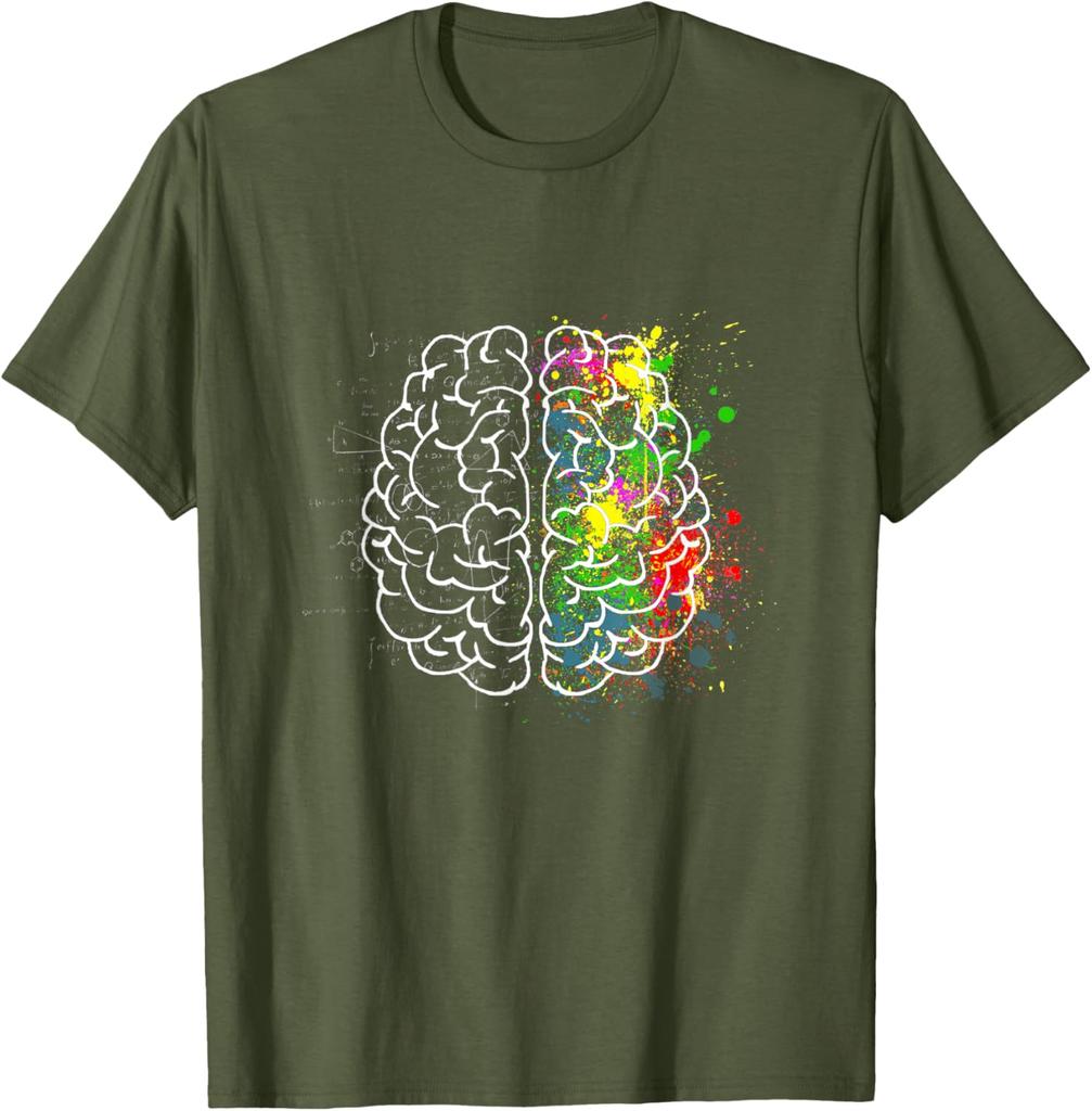 Left Right Brain Split Science Art Graphic Tee Men Casual Cotton Print T-Shirt