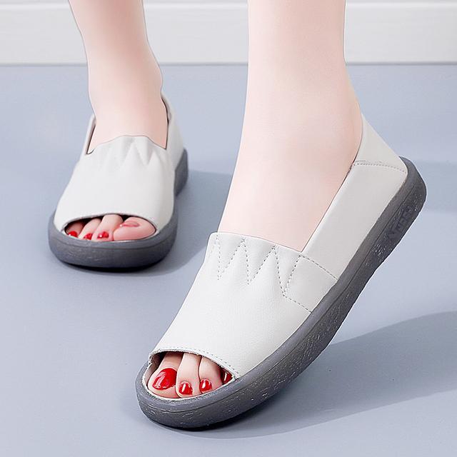 Summer Women Genuine Leather Flats Open Toe Woman Ladies Casual Shoes Luxury Loafers Female Slip -On Boat Walking Shoes Moccasins
