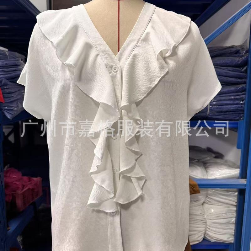 European Style V-Neck Ruffle Short Sleeve Chiffon Blouse Women Summer Elegant Commuting Solid Color XL