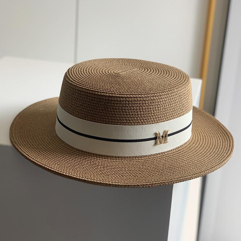 Hat Women's Summer Versatile Fashion Rhinestone M Standard Flat Top Straw Hat Seaside Vacation Sun Hat Sunscreen Big Eaves Hat Tide