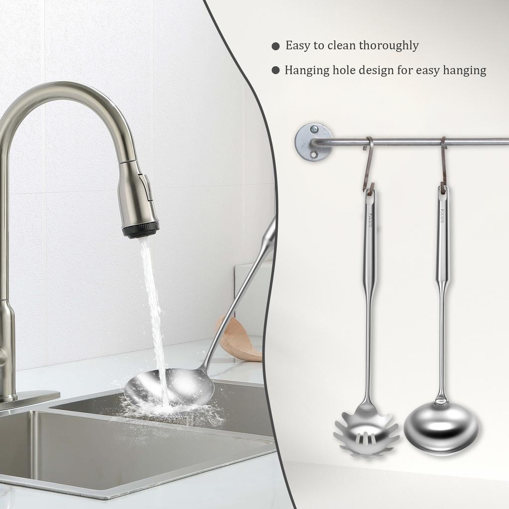 2Pcs Soup Ladle and Spaghetti Spoon Set 304 Stainless Steel Spaghetti Server Set with Ergonomic Handle for Cooking Stirring