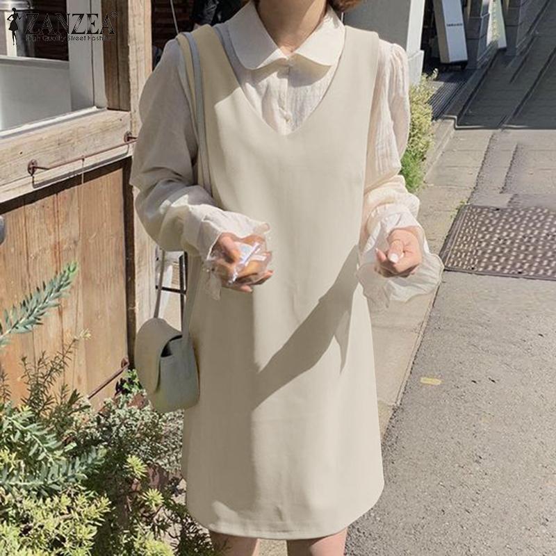 

ZANZEA Женские однотонные свободные короткие платья-жилет с v-образным вырезом