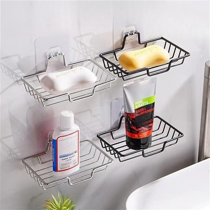 Stainless Steel Sponge Dish Shampoo Holder Wall Mounted Bathroom Kitchen Self Adhesive Storage Rack No-drilling Soap Rack