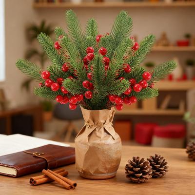 Weihnachts-Kiefernzweige mit roten Beeren Künstliche Grünzweige für Baum, Blumenarrangements, Zuhause, Büro, Feiertags-Mittelstück-Dekor