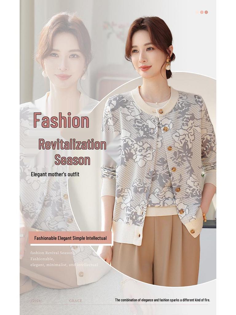 Stylish Spring Knit Cardigan Set for Middle-Aged and Elderly Women, Tummy-Covering Slim Fit Top