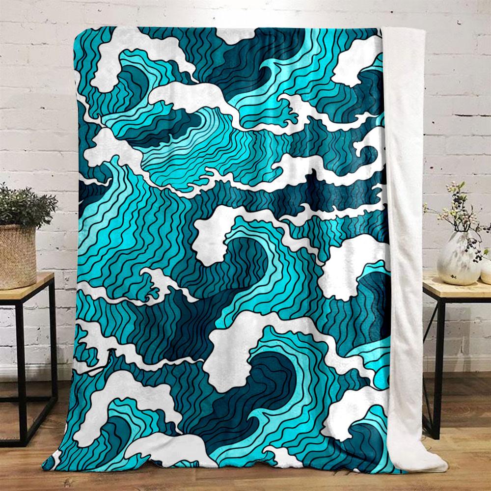 Stylized Multicolored Waves with Bold Outlines and Curved Foam Crests. for All Seasons Blanket Lunch Break Throw Gift