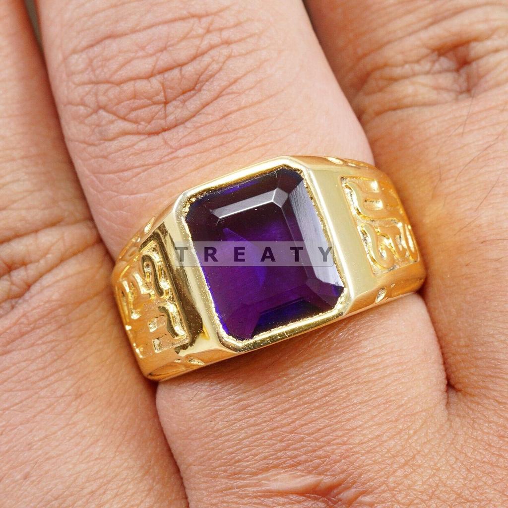 Amethyst Emerald Cut Gemstone With 925 Sterling Gold Plated Ring For Men's #B722 JL375692767213