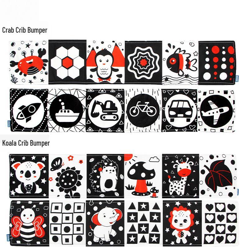 Schwarz-Weiß Babybett-Nestchen Stoffbuch: Cartoon Tierdesign, Beißring, Anti-Kick, Hängendes Säuglingszubehör