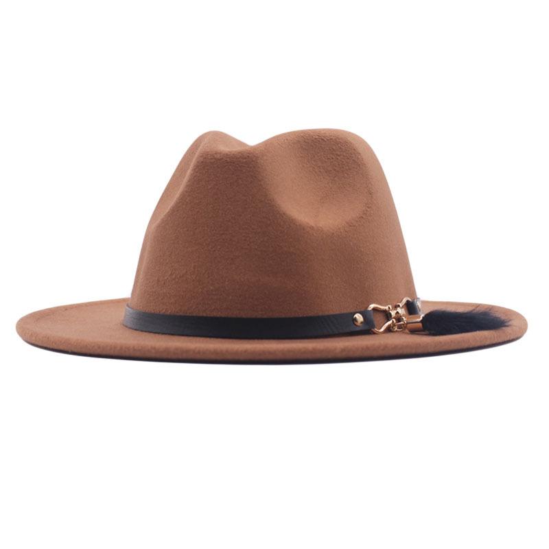 Autumn and winter woolen top hat British style classic flat edge jazz hat fashionable versatile women's hat metal buckle feather hat