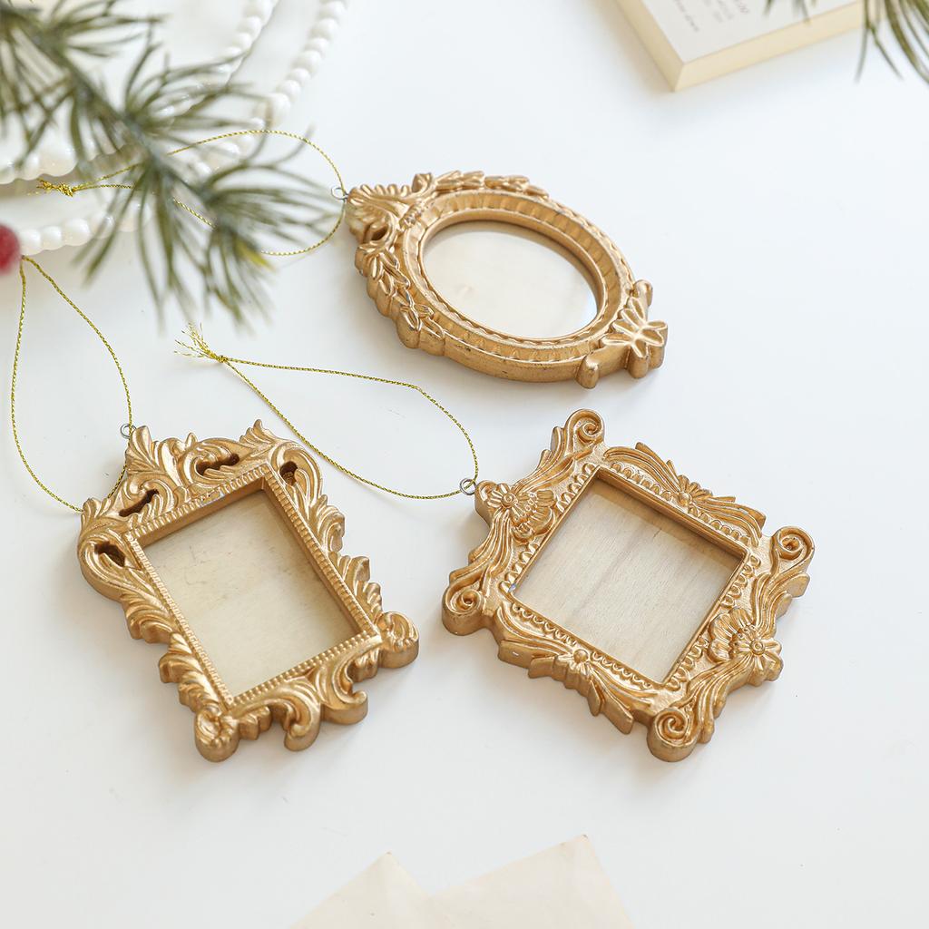 Resin Classic Baroque Frame Christmas Tree Pendant  Golden Square Oval Frame Christmas Hanging Decoration Home Ornaments