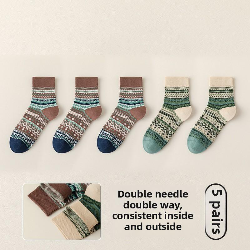 5 Pairs of Girls Autumn and Winter Retro Fashion New Drum Cotton Socks