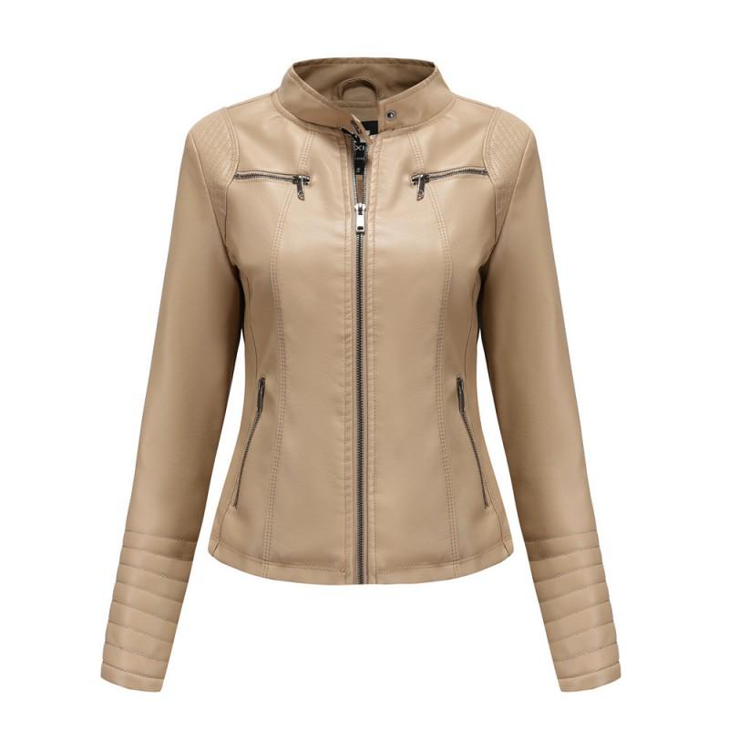 Womens PU Leather Moto Jacket Short Fit Stand Collar Casual Chic Biker Style Lightweight
