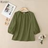 ZANZEA Women Casual 3/4 Sleeve Solid Color Loose Round Neck Blouse