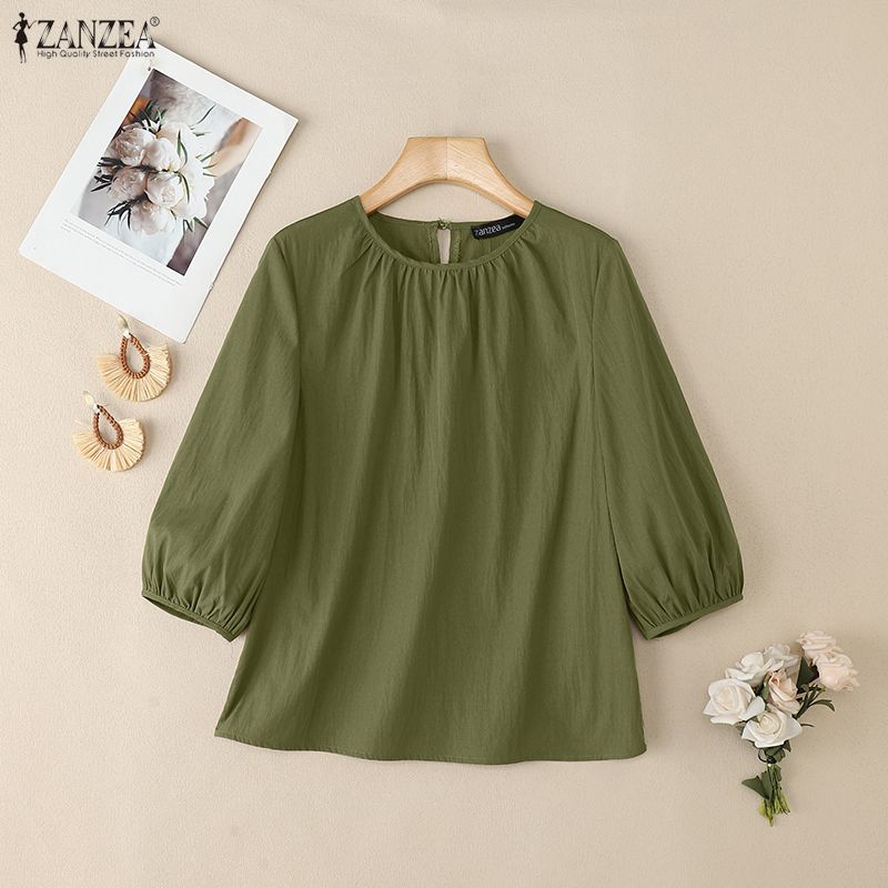 ZANZEA Women Casual 3/4 Sleeve Solid Color Loose Round Neck Blouse