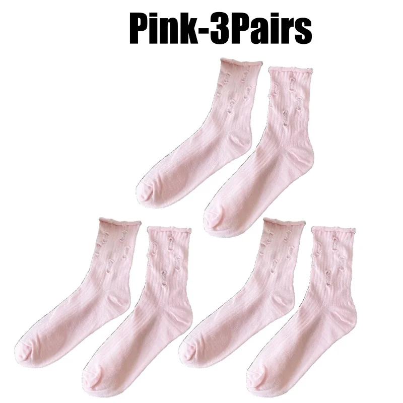 Distressed Mid Calf Socks Women Black Cotton Ripped Hole Stackable Boho Chic Tube Socks Three Season Spring Summer Fall
