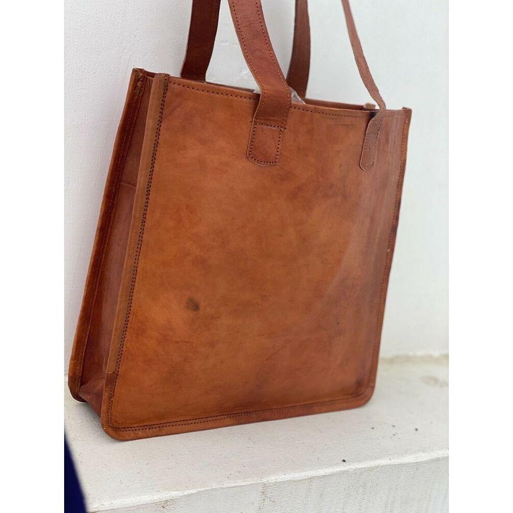 Ny Dam Vintage Utseende Äkta Brun Läder Tote Axelväska Handgjord Plånbok