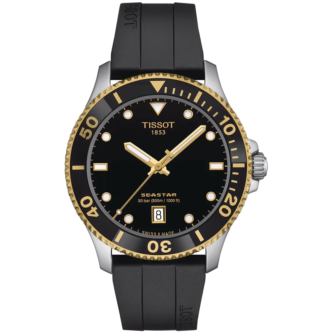 

Годинник Tissot Seastar 1000 40 мм (Офіційно імпортовано) з гумовим ремінцем, T1204102705100, Чоловічий, Чорний циферблат