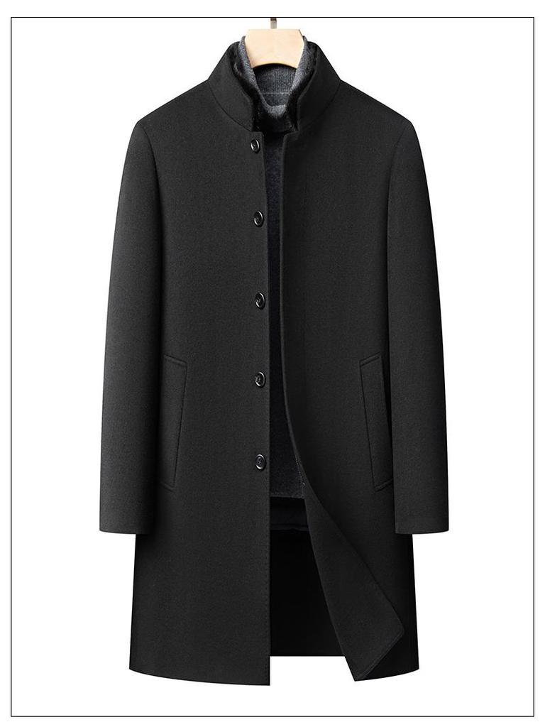 Men's Single-Breasted Stand-Collar Wool Gabardine Trench Coat - Business Casual Long Jacket