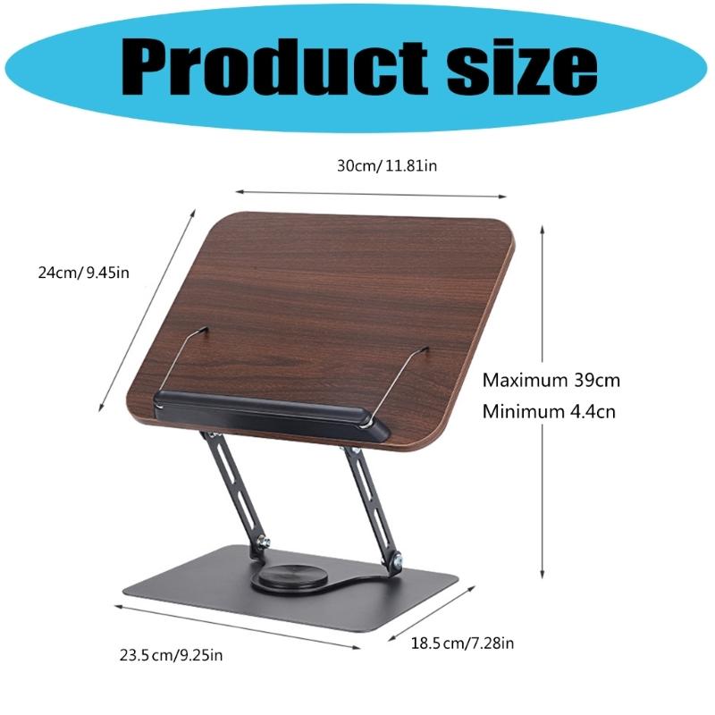 Reading Books Holder Desktop Book Laptop Stand with 360 Degree Rotating Base Wooden Panel Page Clip Foldable Angled