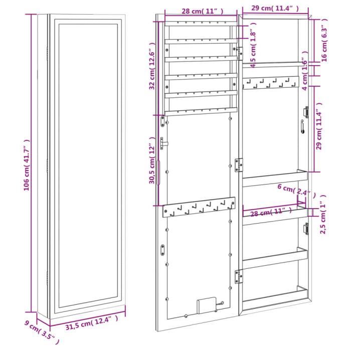 VidaXL Jewelry Cabinet with Mirror and LED Lighting Wall-Mounted White 353253