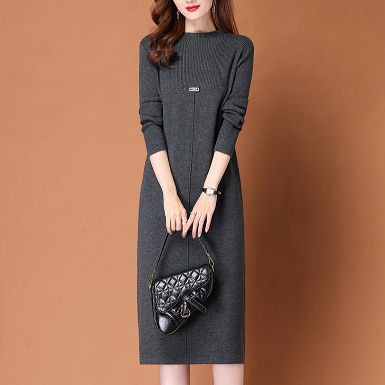 Lässiger Stil Strickpullover Damen Midilanges Kleid Lockerer Strickpullover Lässiges Einfarbiges Strickkleid