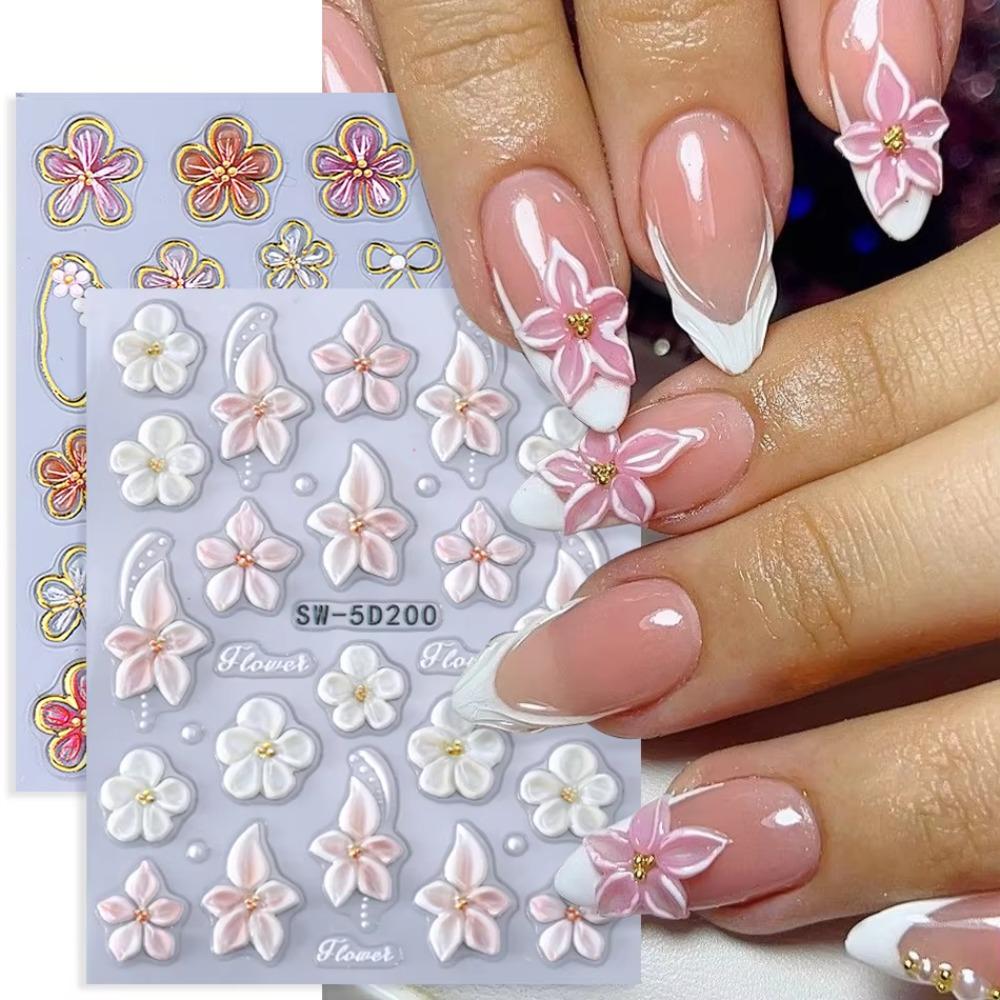 French Embossed Nail Stickers Waterproof White Pink Petals 3D Nail Art Decals Lily Petal Design Gold Line French
