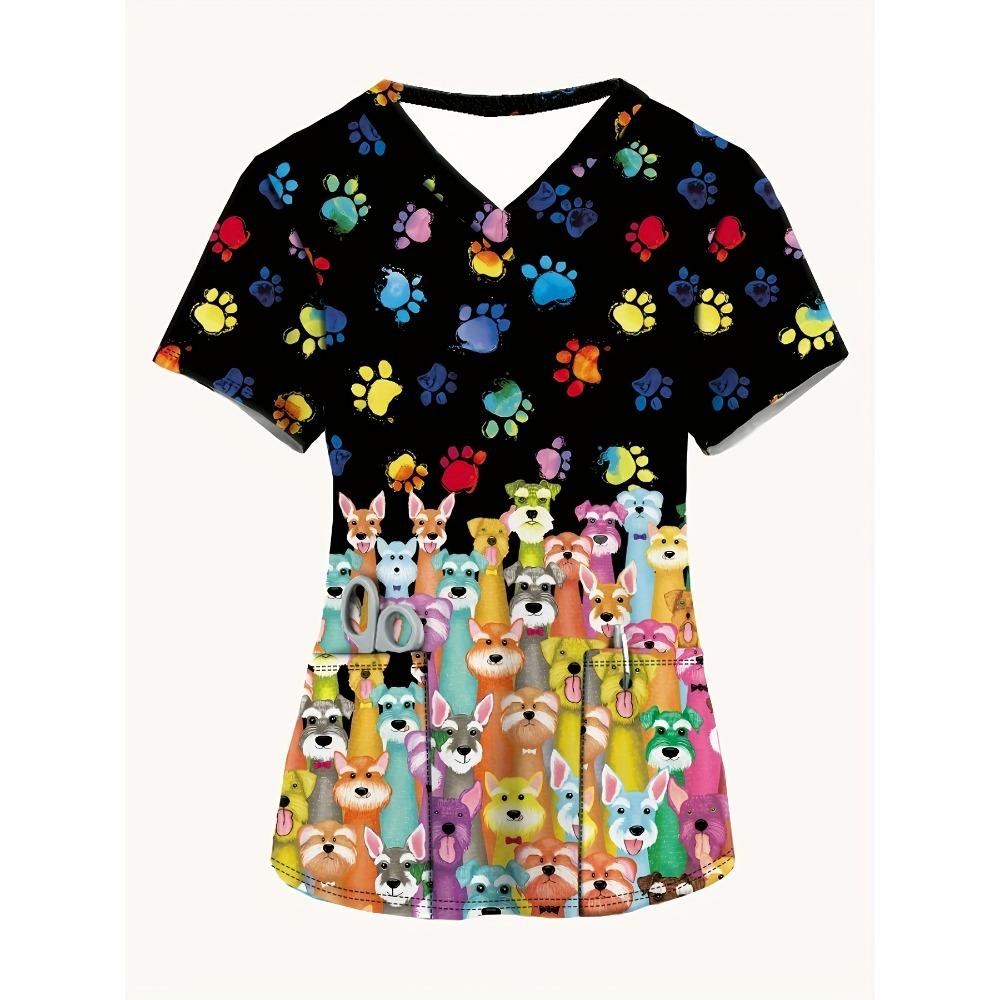 

Women s Cute Animal Print V Neck Surgical Gown Top with Pockets Polyester Knit Fabric Regular Length Spring Summer Nurse Uniform S