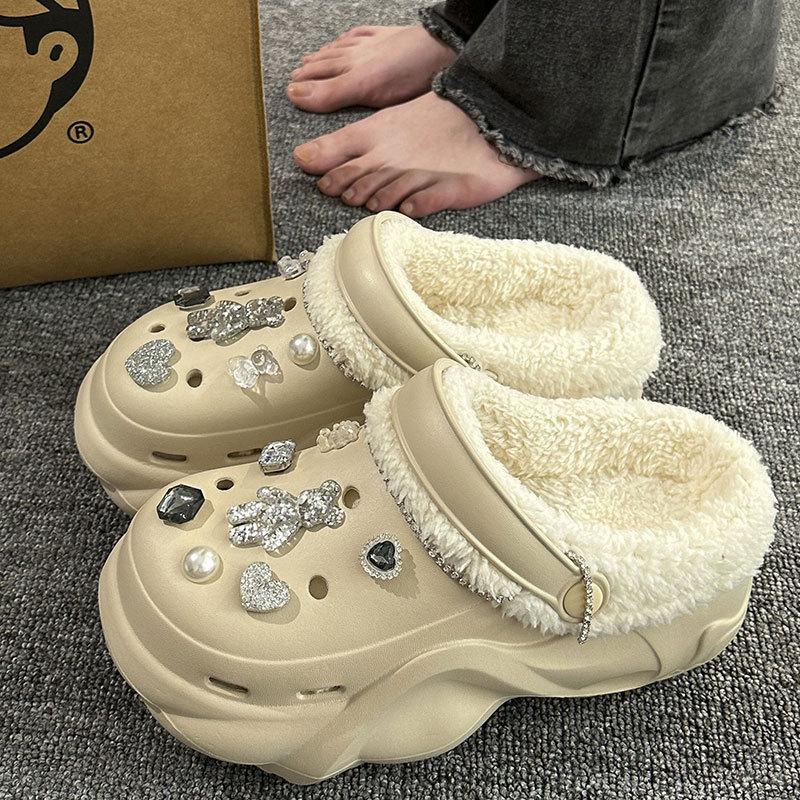 New velvet hole shoes women's winter non-slip outer wear cotton shoes heightened thick-soled home removable cotton slippers