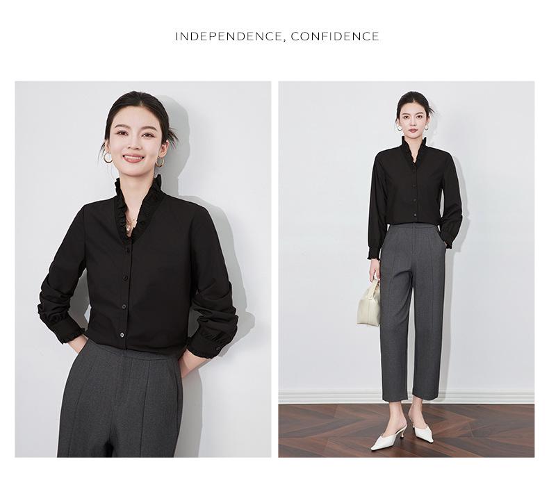 High-End Exquisite V-Neck Ruffle Edge Lace Sleeve Women's Autumn/Winter Top