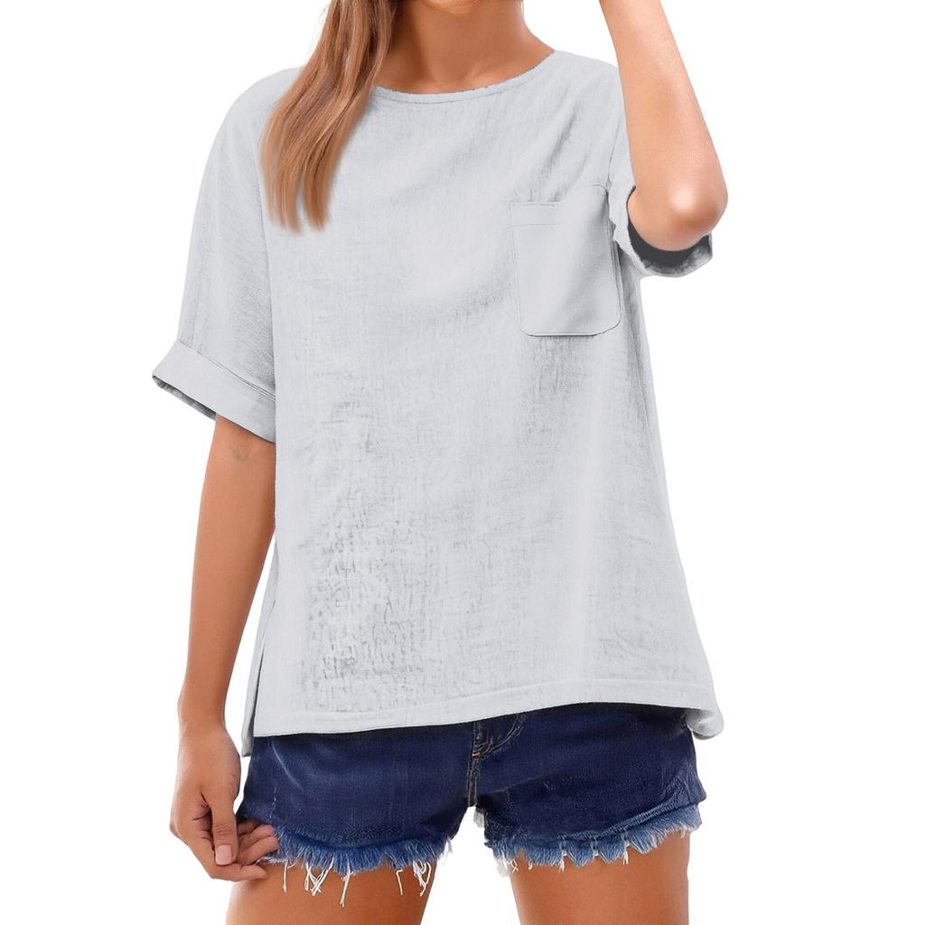 Fashionable Color Short Sleeve T-Shirt With Pocket Design, Fashionable Round Neck Lightweight Top For Women