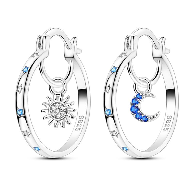 Blue Earrings 925 Silver Sun Moon Starlight Butterfly Stud Hoop Earring With Zircon for Women Female Party Fine Jewelry