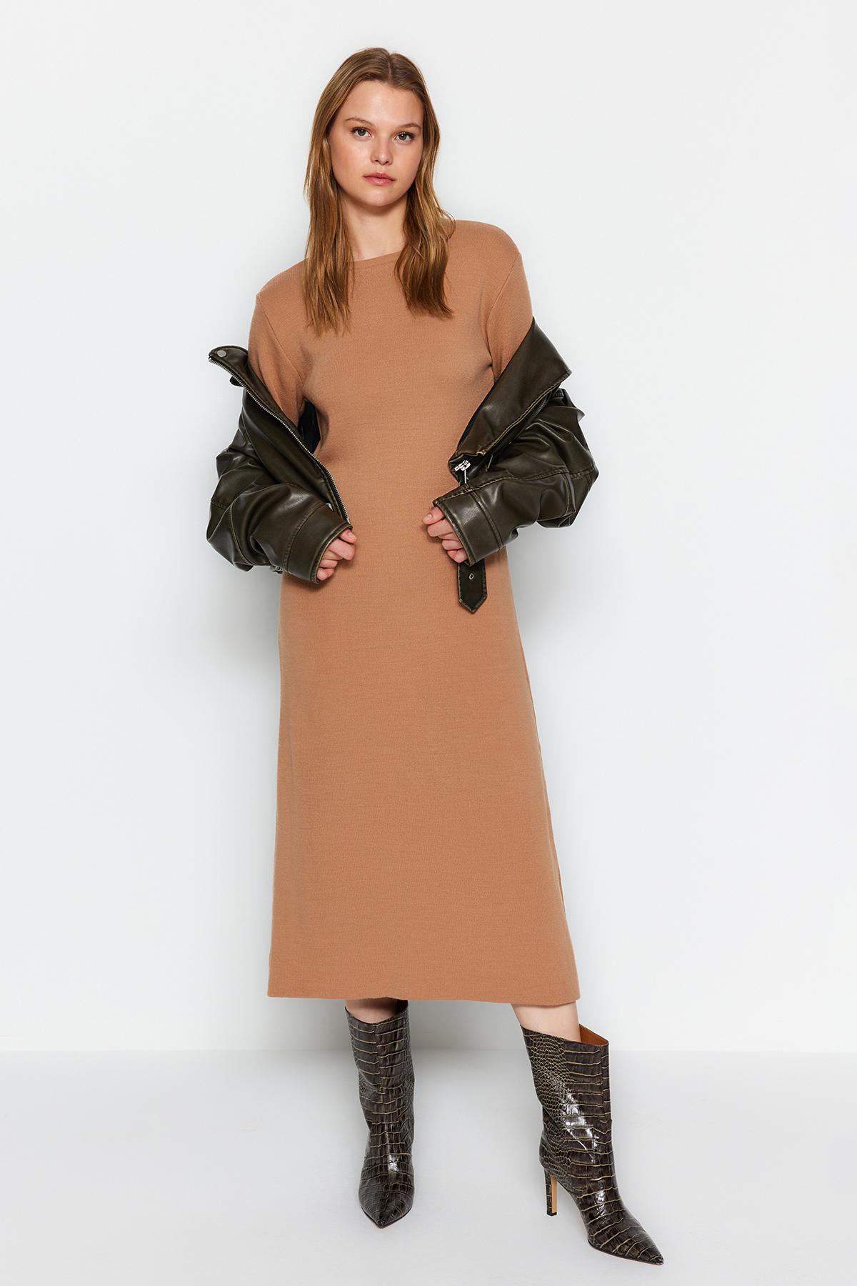 

Женское платье-хиджаб, модное бежевое однотонное трикотажное платье нового сезона